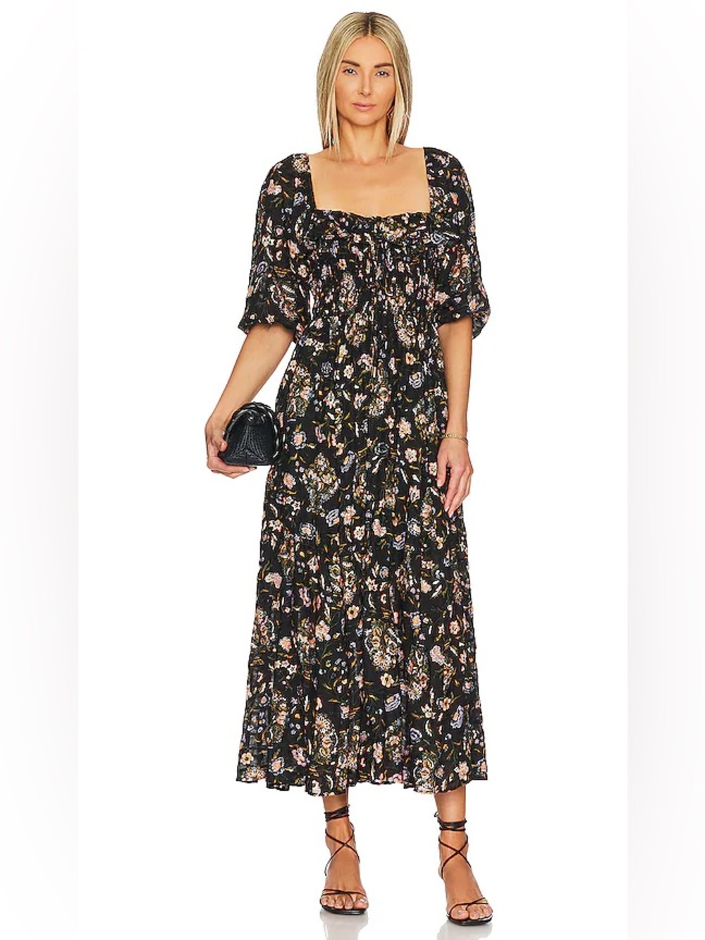 Free People Oasis Midi Dress in Black Floral Combo